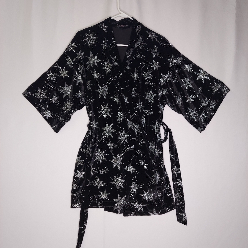 Victoria's Secret Velour Robe XS/S Black Silver Sparkle Stars Logo Belt Ethereal